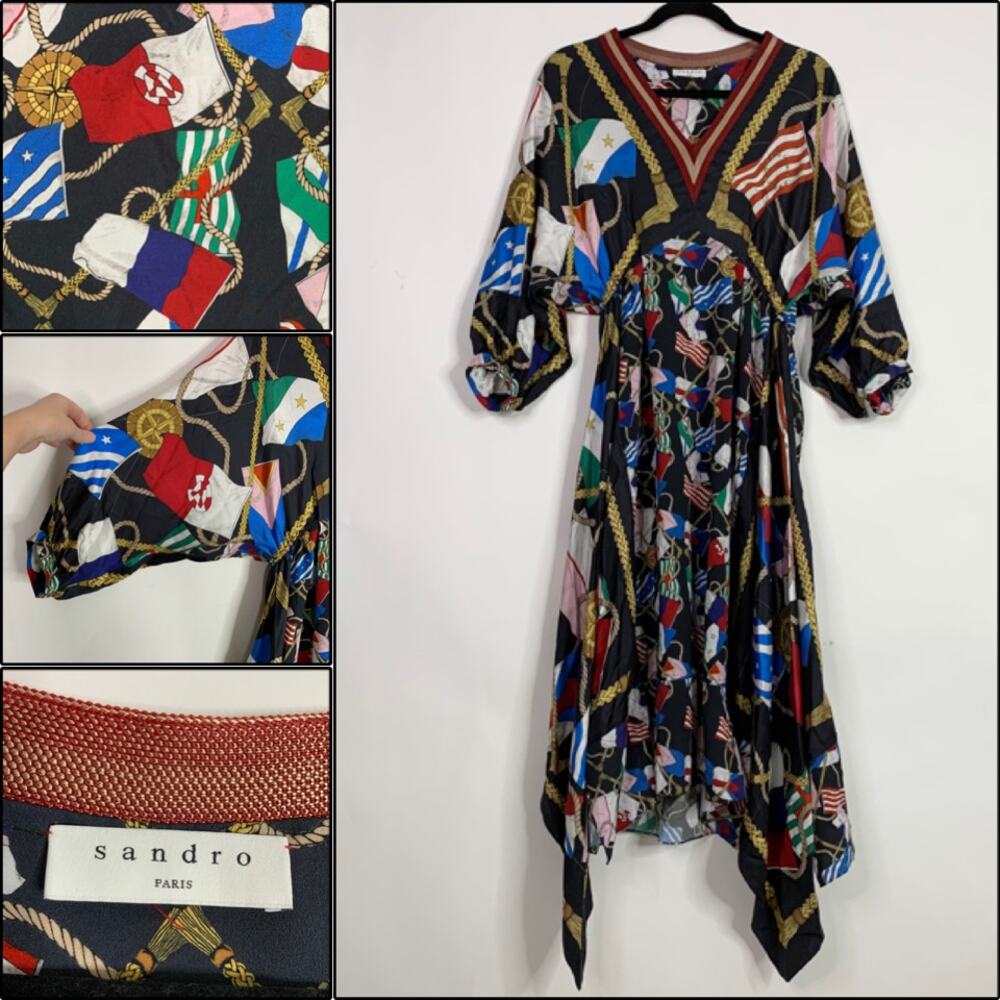 Sandro Paris Dress 38 Silk Flag Lauriane Scarf Handkerchief Midi Nautical Rope